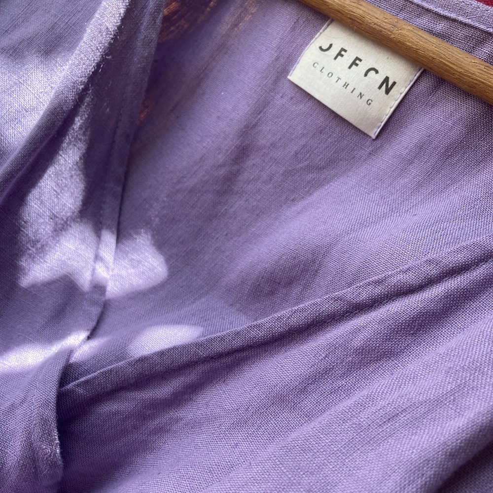 Offon Lavender Linen Dress, V-neck Puffy Sleeve, Nursing Friendly